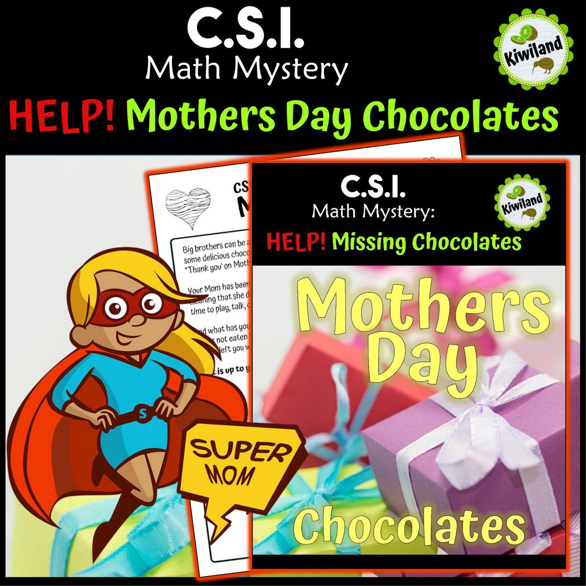 Mother's Day Math CSI Math Mystery cover - HELP! The Missing Chocolates, Grades 3-5