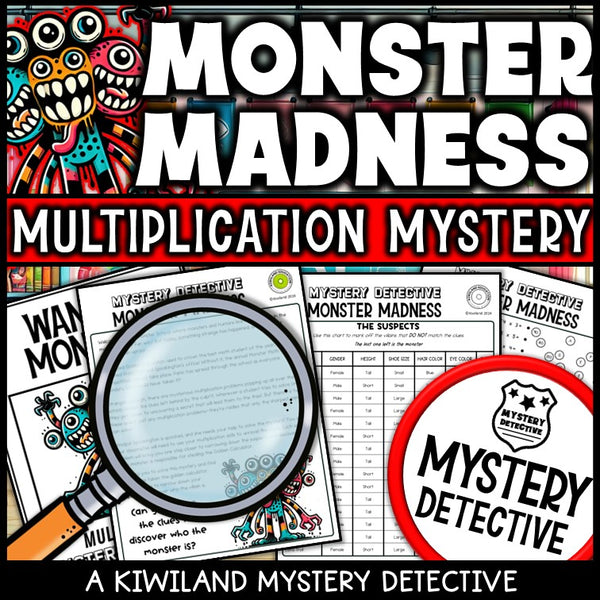 Multi-digit multiplication detective activity story page suspect chart no-prep