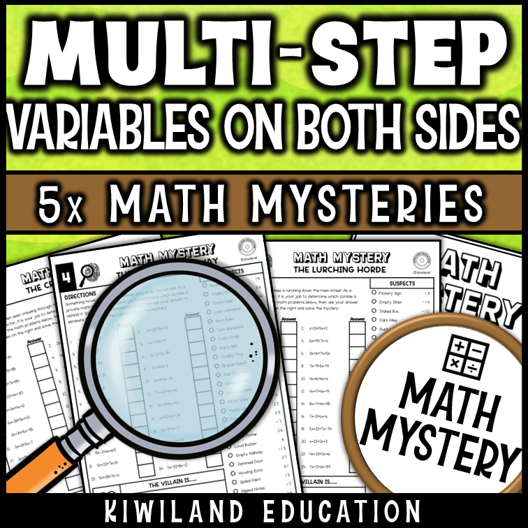 Multi-step equations both sides algebra detective worksheets for math centers