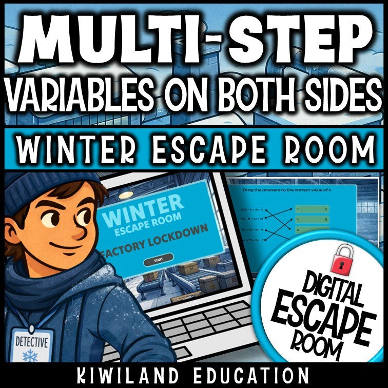 Multi-step equations with variables on both sides winter digital escape room cover, grades 7–10 algebra