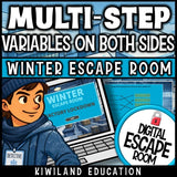Multi-step equations with variables on both sides winter digital escape room cover, grades 7–10 algebra