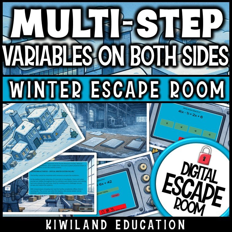 Interactive winter algebra activity with animated solving-equations challenges