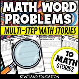 Addition subtraction multiplication and division multi-step word problem worksheets - printable math centers activity grades 3-5