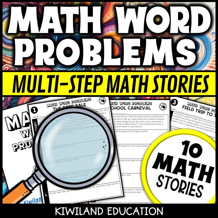 Multi-step math word problem sample story worksheet grades 3-5 - real-world math stories with 5 questions each