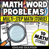 Multi-step math word problem sample story worksheet grades 3-5 - real-world math stories with 5 questions each