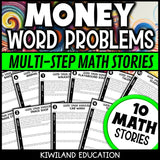 Multi-step money word problems worksheets for 3rd, 4th and 5th grade - no-prep printable financial literacy story problems