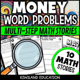 No-prep printable multi-step money word problems with answer keys for homework, morning work and financial literacy grades 3-5