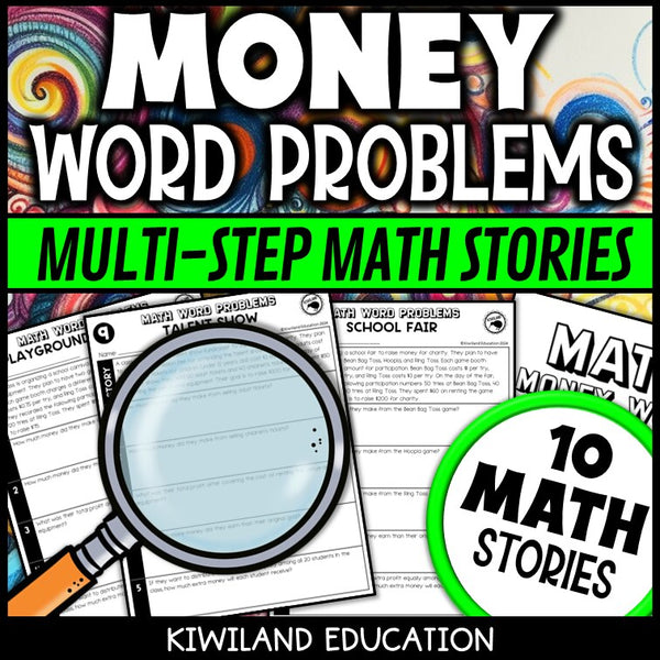 No-prep printable multi-step money word problems with answer keys for homework, morning work and financial literacy grades 3-5