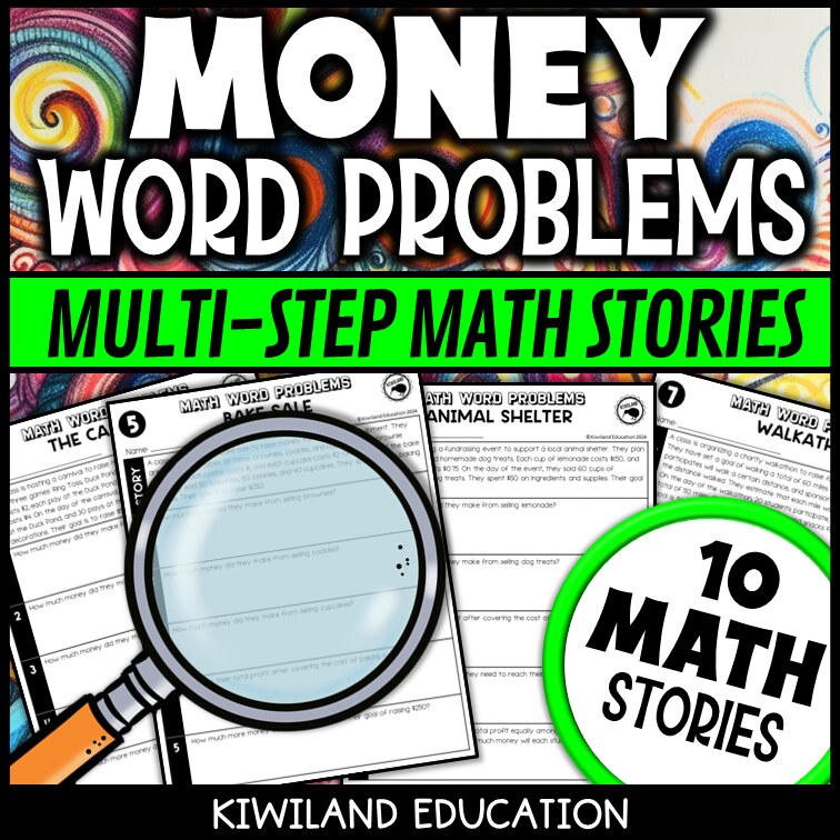 Money word problems profit and loss worksheets all operations - printable financial literacy math centers activity grades 3-5