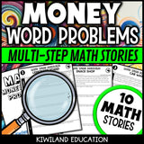 Multi-step money word problem sample story worksheet grades 3-5 - real-world financial literacy math stories with 5 questions