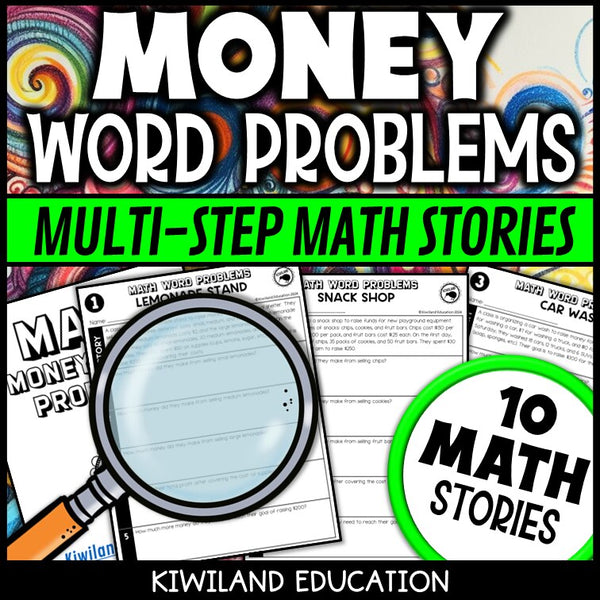 Multi-step money word problem sample story worksheet grades 3-5 - real-world financial literacy math stories with 5 questions