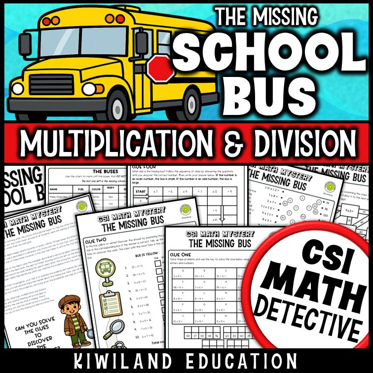 Multiplication and division CSI Math Mystery worksheets for Grades 3–5, no-prep printable detective pack