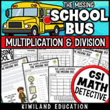 Multiplication and division CSI Math Mystery worksheets for Grades 3–5, no-prep printable detective pack