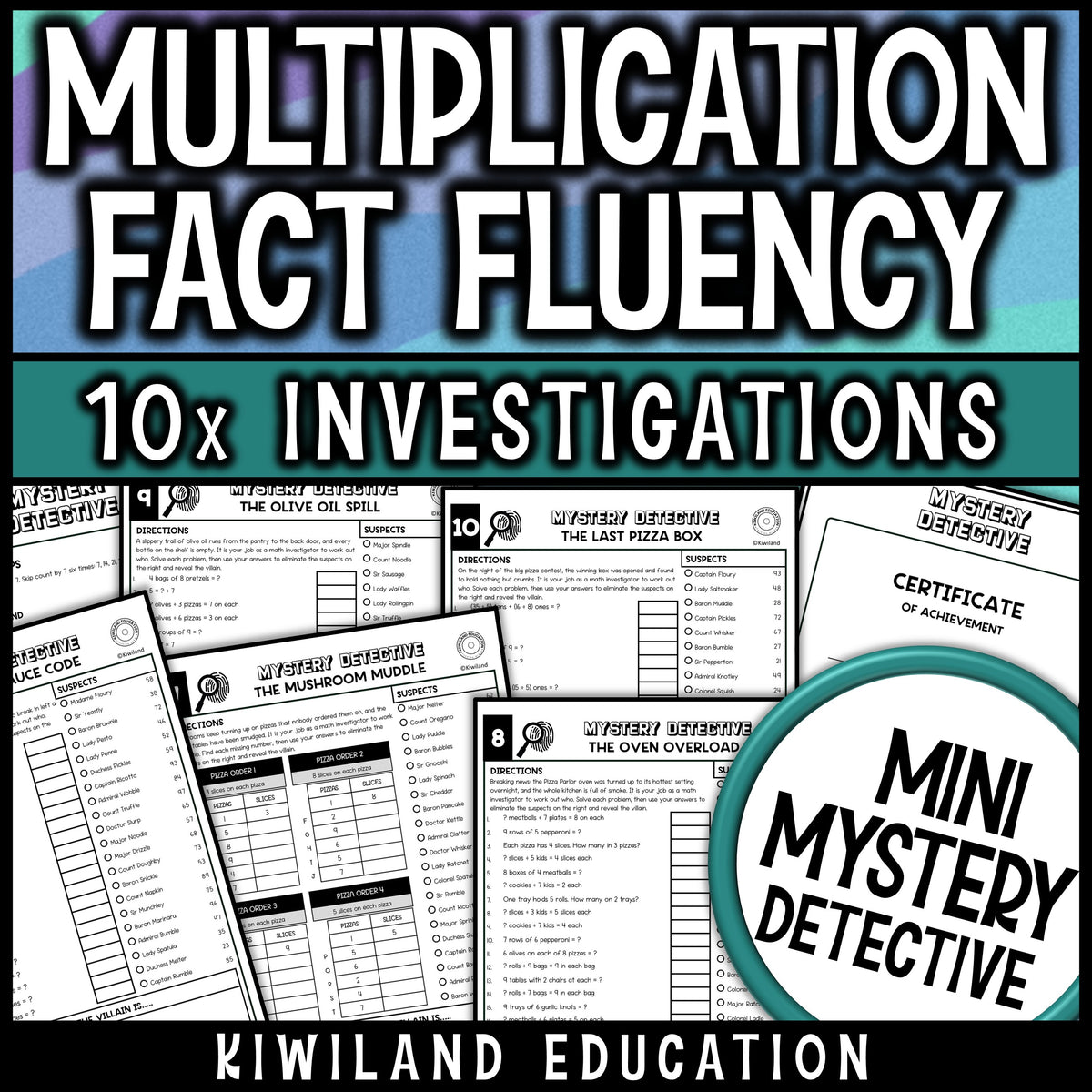 Multiplication and division facts practice with pizza boxes, menu orders, fact triangles and answer keys