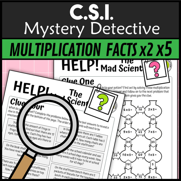 Multiplication and division facts x2 x5 clue pages mad scientist