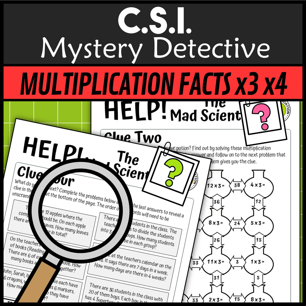 Multiplication and division facts x3 x4 clue pages mad scientist