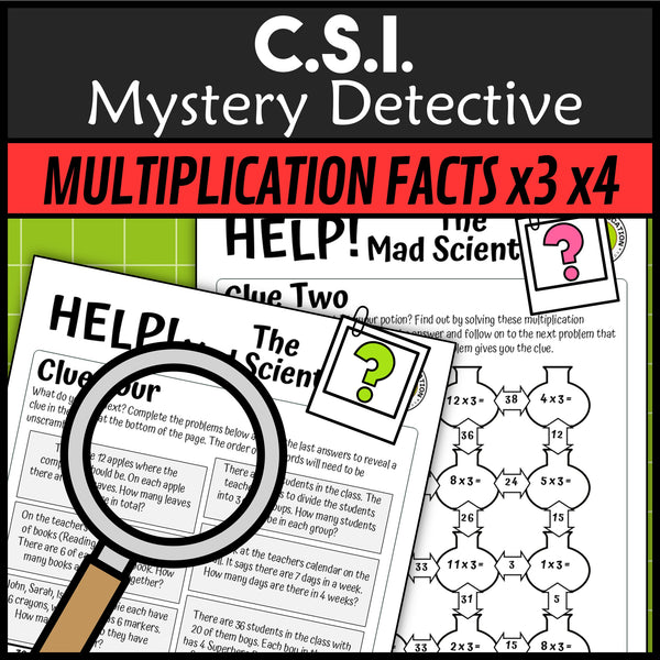 Multiplication and division facts x3 x4 clue pages mad scientist