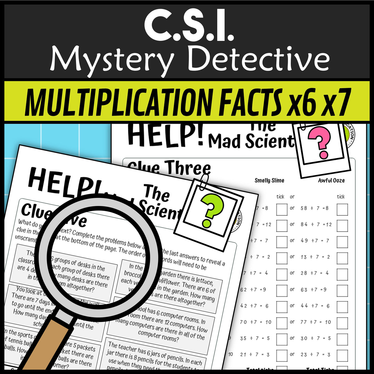 Multiplication and division facts x6 x7 clue pages mad scientist