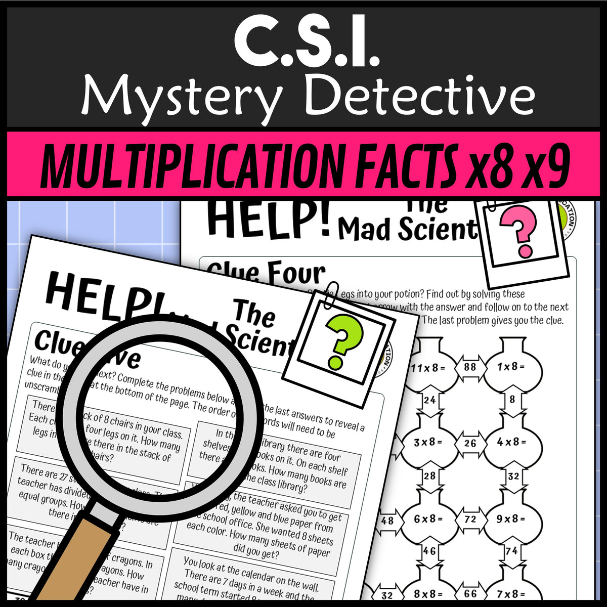 Multiplication and division facts x8 x9 clue pages mad scientist