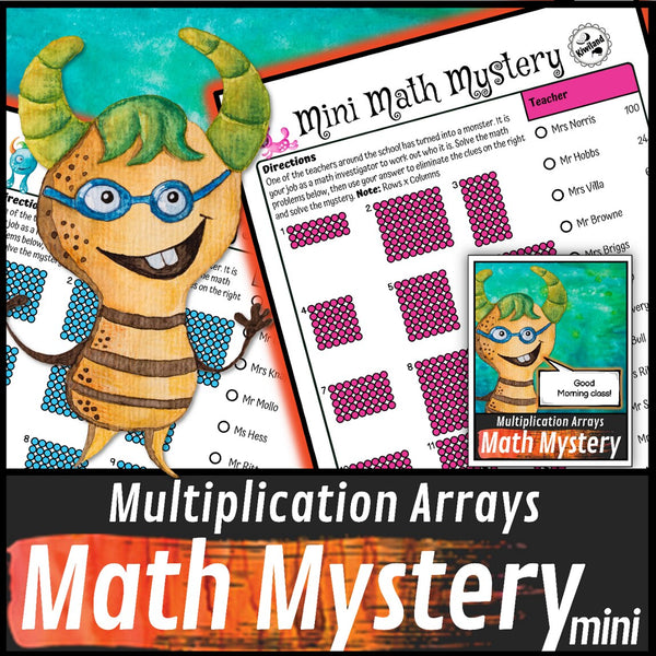 Sample multiplication arrays worksheet, rows by columns, Who is the Monster mystery