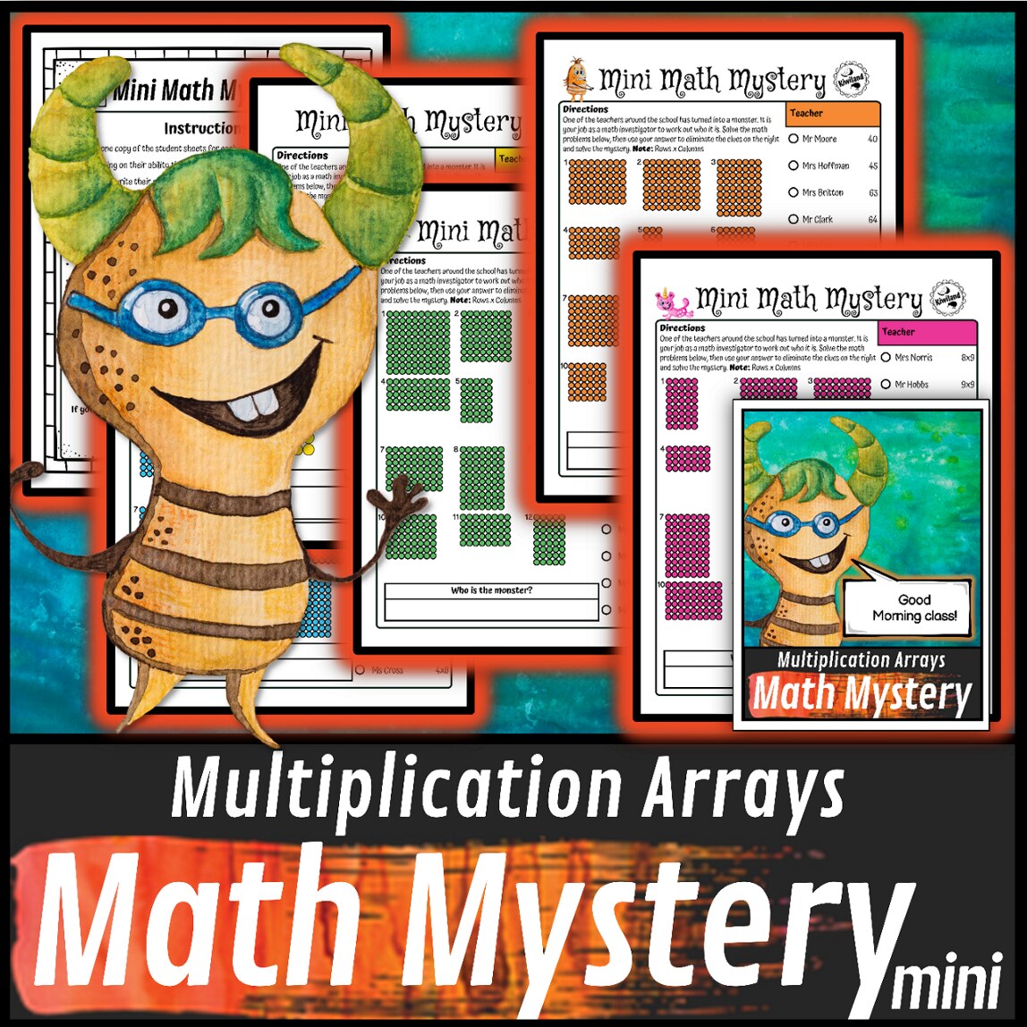 Teacher suspect-elimination page for the multiplication arrays monster mystery