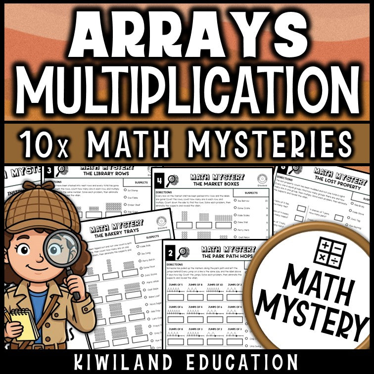 Multiplication arrays worksheets for 2nd and 3rd grade, equal groups math mystery pack