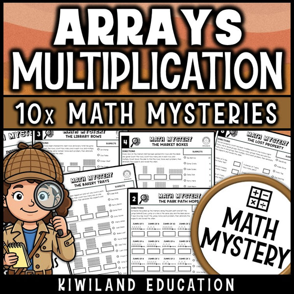 Multiplication arrays worksheets for 2nd and 3rd grade, equal groups math mystery pack