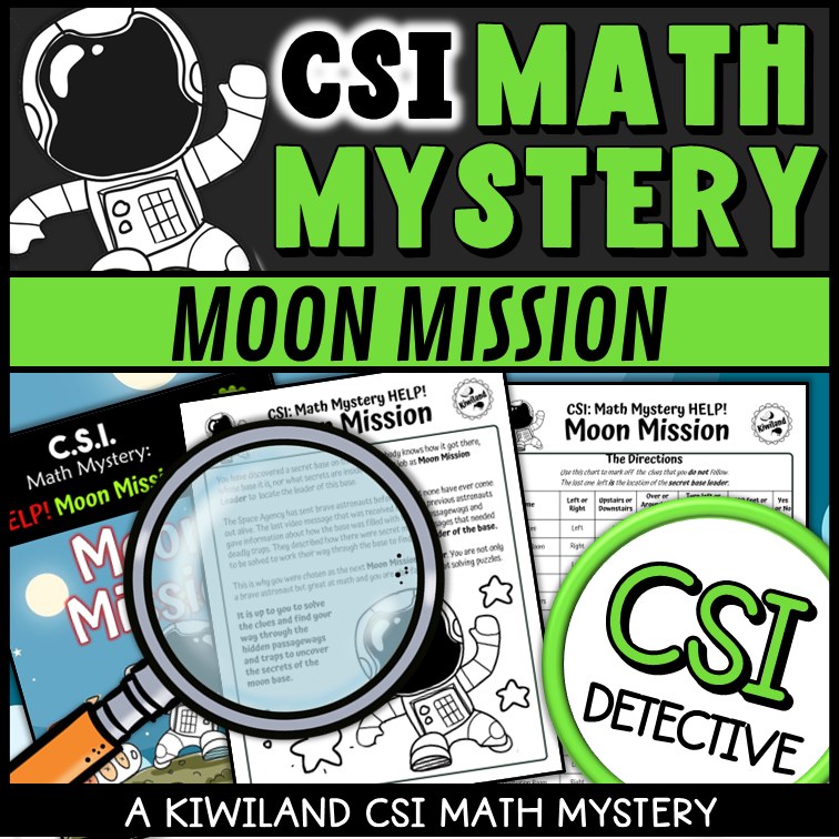 Multiplication and division clue puzzle worksheet pages - Space Moon Mission math mystery