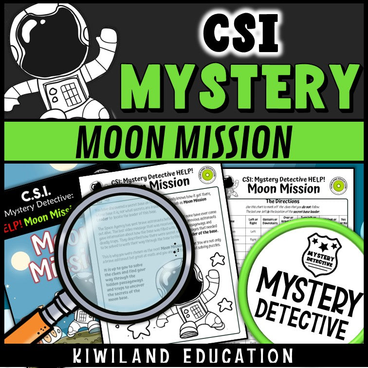 Multiplication division clue puzzle pages space moon mission mystery detective