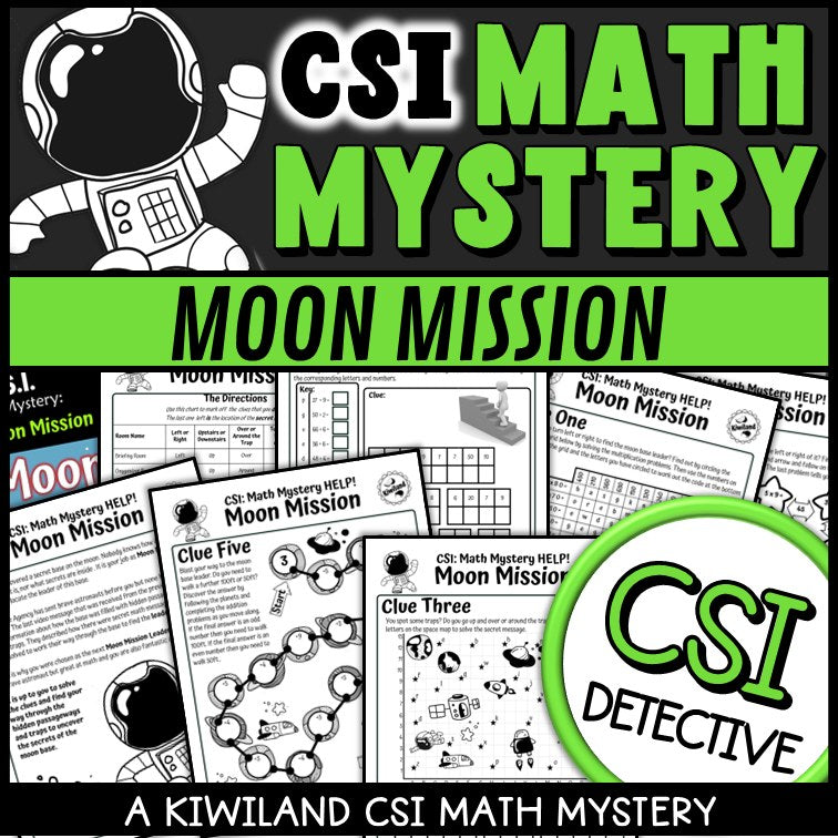 Multiplication and division CSI Math Mystery cover - Space Moon Mission, Grades 3-5 printable PDF
