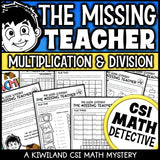 Multiplication and division CSI Math Mystery cover - The Missing Teacher, Grades 3-6 printable PDF