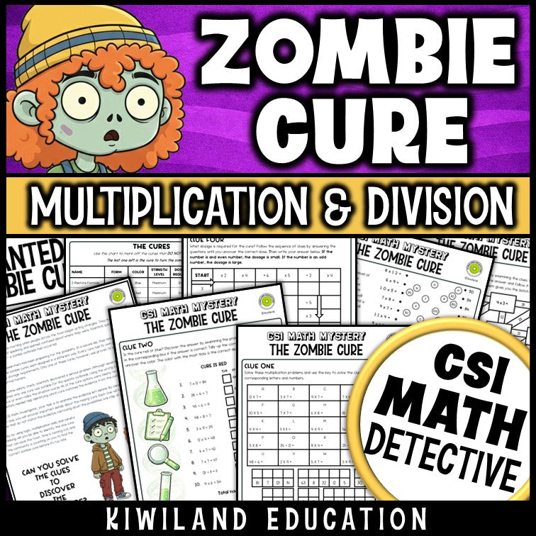 Multiplication and division CSI Math Mystery printable worksheets for Grades 3–7