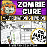 Multiplication and division CSI Math Mystery printable worksheets for Grades 3–7