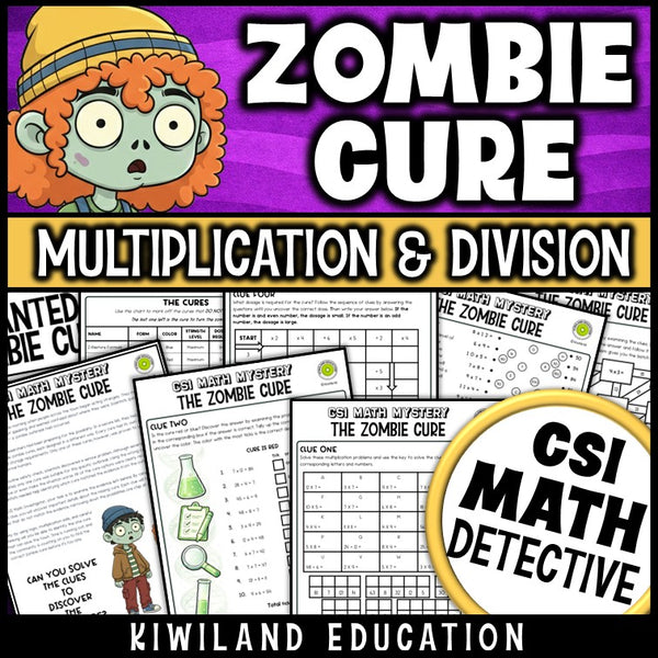 Multiplication and division CSI Math Mystery printable worksheets for Grades 3–7