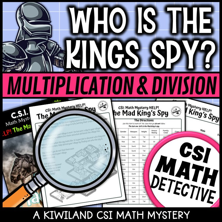 Multiplication and division fact fluency CSI Math Mystery clue worksheet pages
