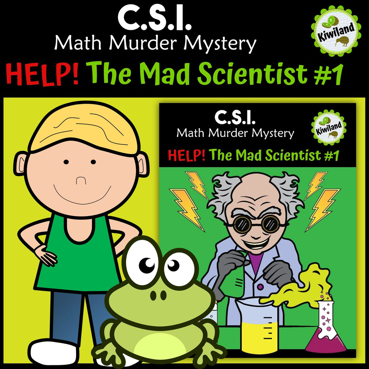 Multiplication and division facts CSI Math Mystery cover - Mad Scientist x2 x5, Grades 2-4