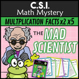 Multiplication and division facts CSI Math Mystery cover, Mad Scientist x2 and x5, Grades 2 to 4