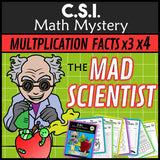 Multiplication and division facts CSI Math Mystery cover - Mad Scientist x3 x4, Grades 2-4