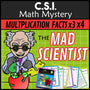 Multiplication and division facts CSI Math Mystery cover - Mad Scientist x3 x4, Grades 2-4