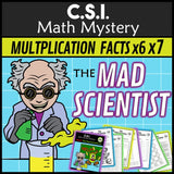 Multiplication and division facts CSI Math Mystery cover - Mad Scientist x6 x7, Grades 3-5