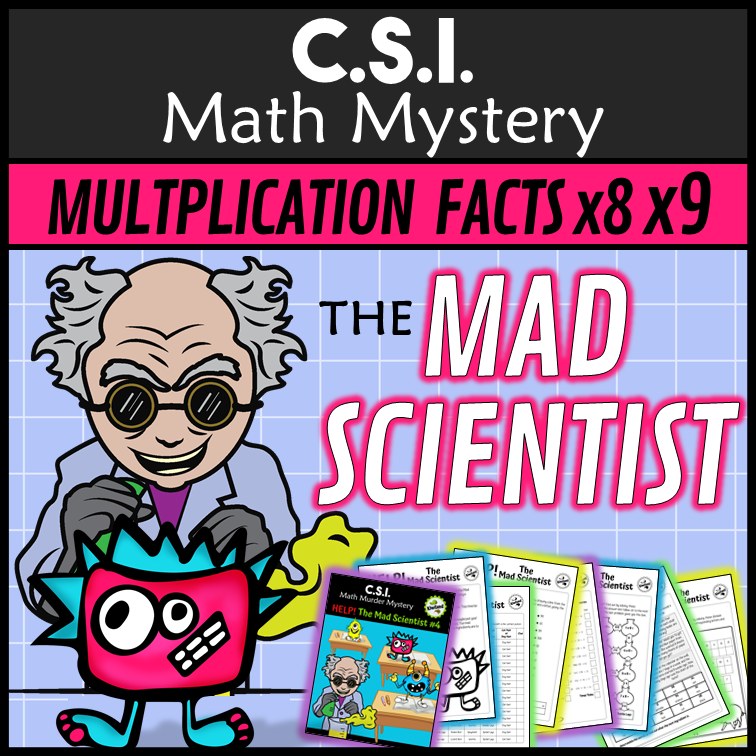 Multiplication and division facts CSI Math Mystery cover - Mad Scientist x8 x9, Grades 2-4