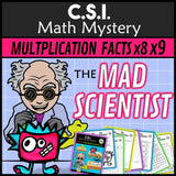 Multiplication and division facts CSI Math Mystery cover - Mad Scientist x8 x9, Grades 2-4