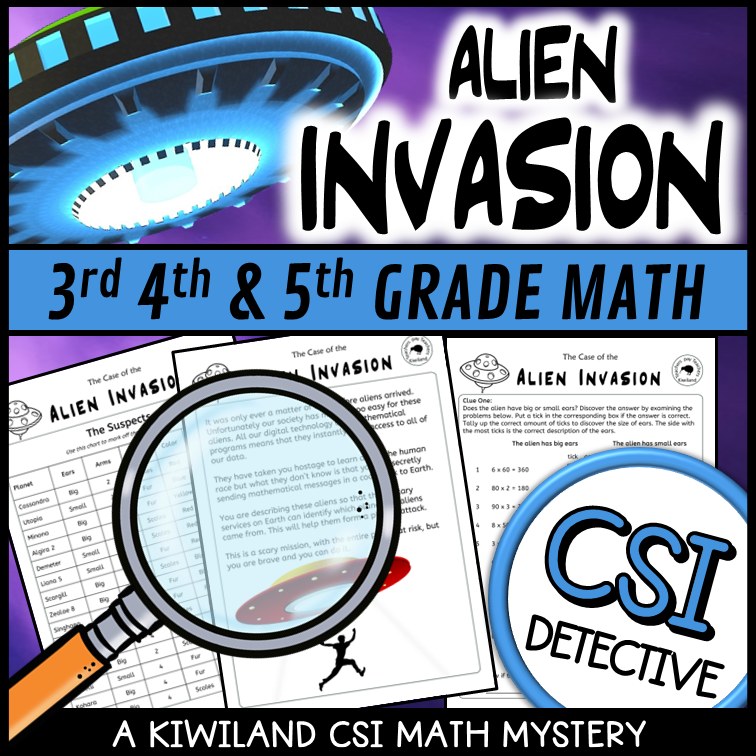Multiplication, division and rounding clue worksheet pages - Alien Invasion math mystery