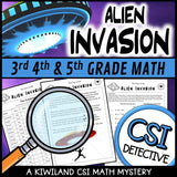 Multiplication, division and rounding clue worksheet pages - Alien Invasion math mystery