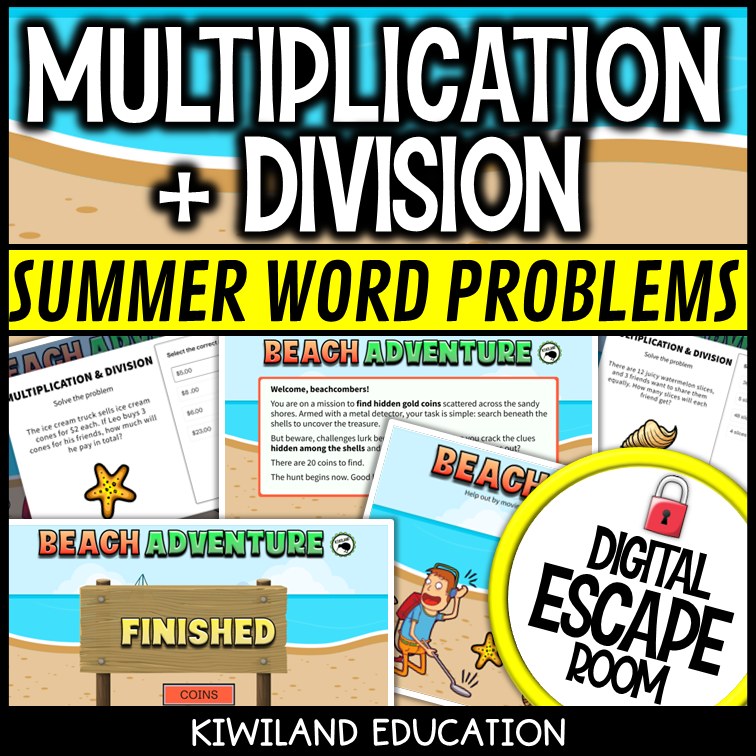 Multiplication and division word problems escape room – beach adventure activity