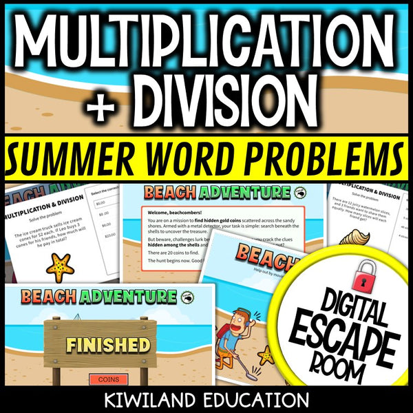 Multiplication and division word problems escape room – beach adventure activity