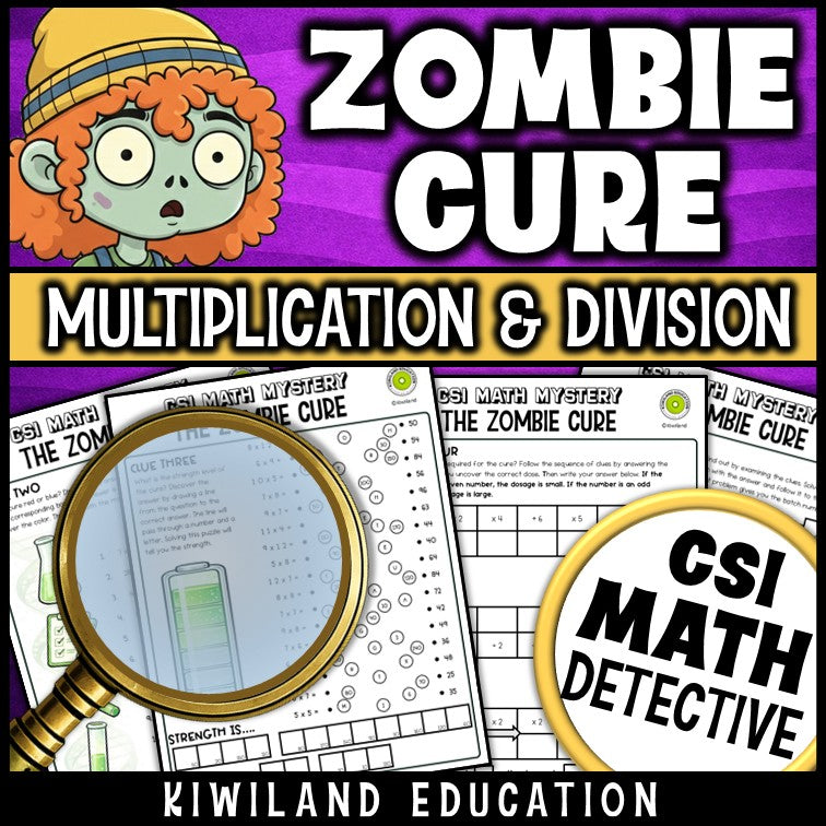 Printable multiplication and division worksheets with CSI Math Mystery clues