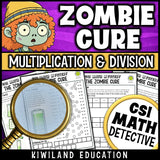 Printable multiplication and division worksheets with CSI Math Mystery clues