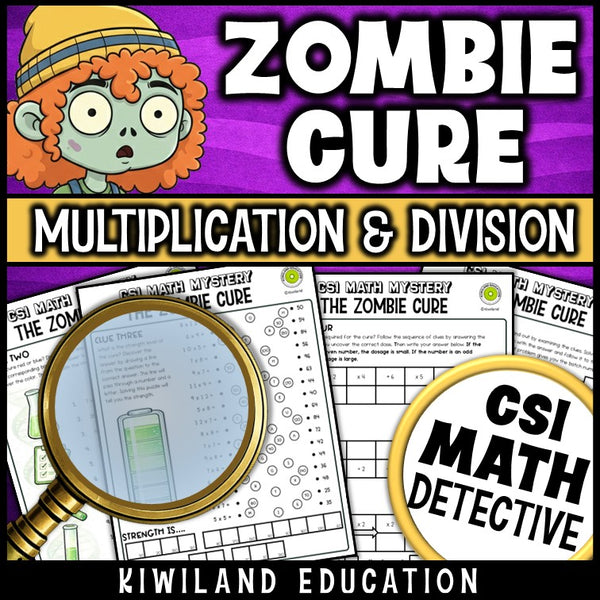 Printable multiplication and division worksheets with CSI Math Mystery clues