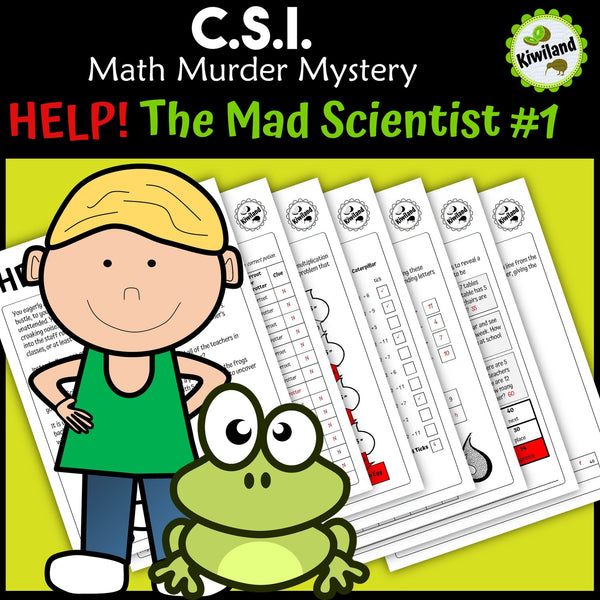 x2 and x5 multiplication and division clue worksheet pages - Mad Scientist math mystery